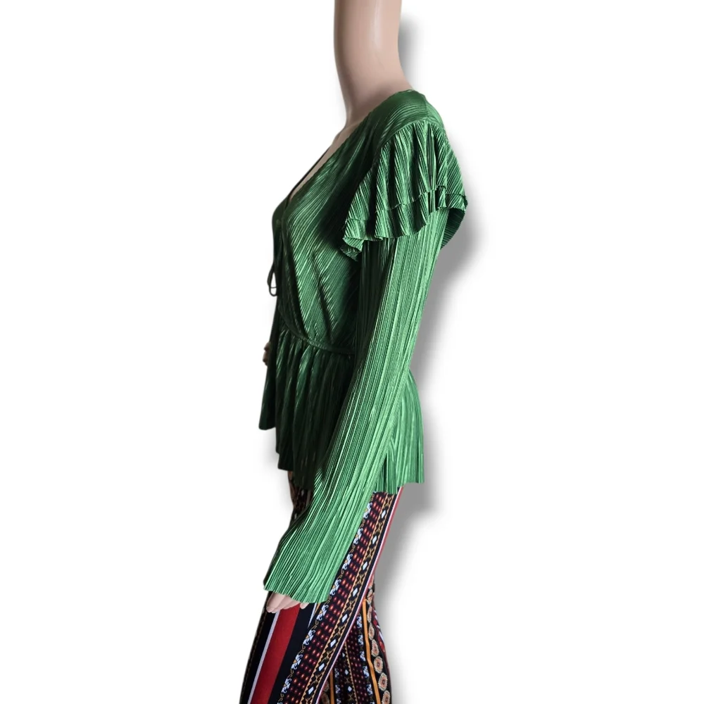 Zara Green Pleated Short Sleeve Blouse - Picture 6 of 16